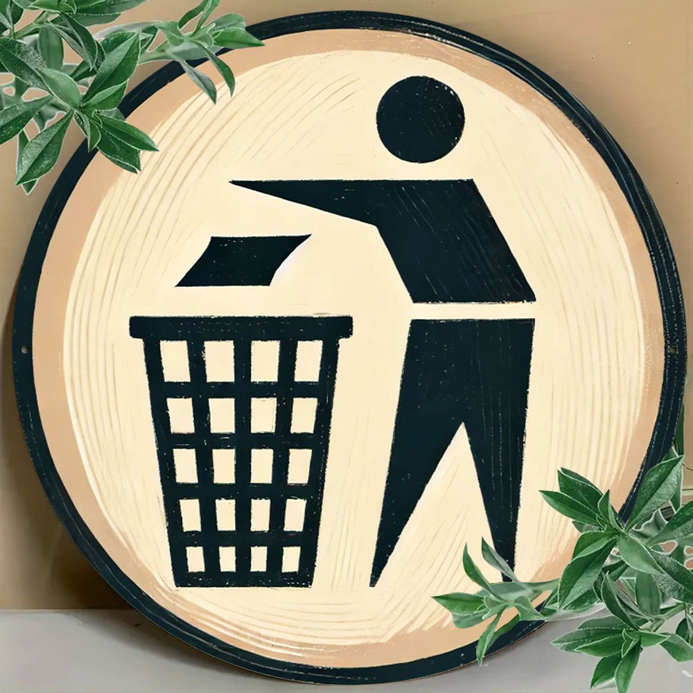 Round metal sign with trash so - Brass Weight Plate recension och pris